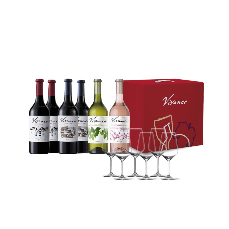 Pack Combinado Crianza + Reserva + Blanco + Rosado + 6 copas de regalo